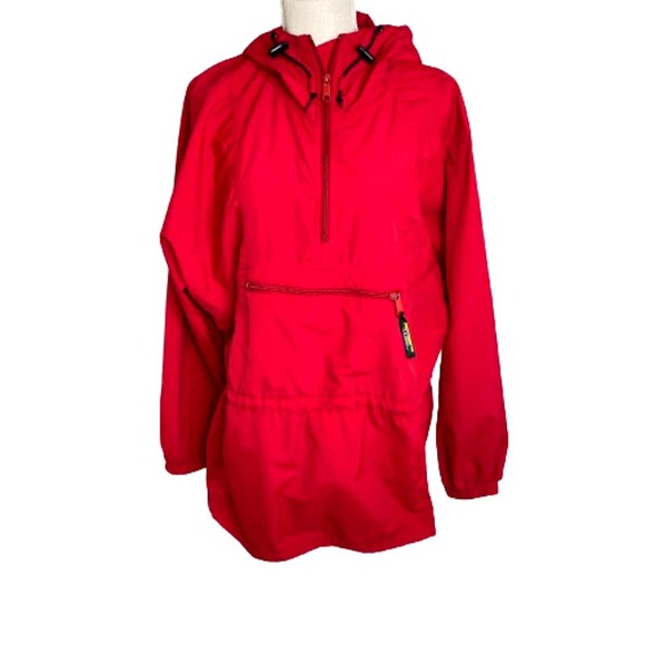 L.L. Bean Women's Red Quarter Zip Hooded Rain Jacket, L - Picture 1 of 10